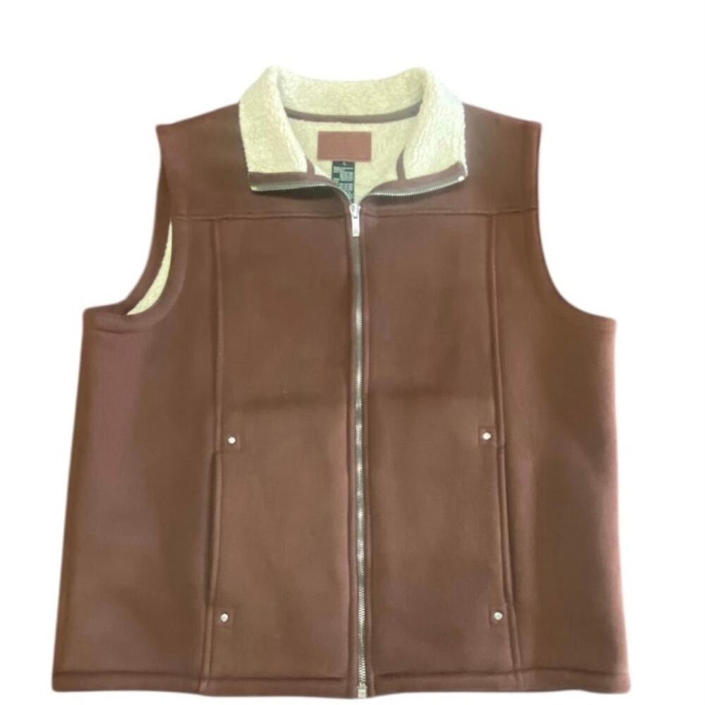 Lauren Ralph Lauren Brown Fleece-Lined Zip Vest Size L Sherpa Collar Workwear